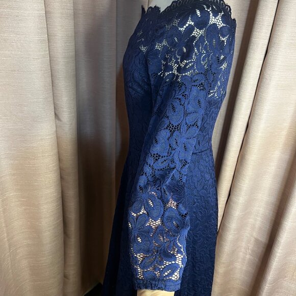 Missmay Navy Blue Lace Long Sleeve Cocktail Dress L Women Elegant Fit Homecoming - Picture 8 of 16